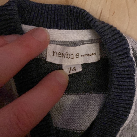 Newbie grey cardigan with dark grey stripes and navy trim, 6-9 months - Picture 2 of 3